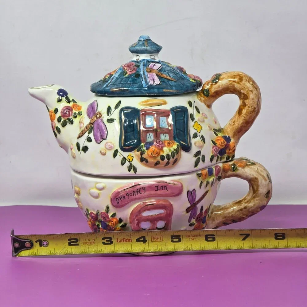 vintage Hand-Painted Ceramic Cottage Style Dragonfly Teapot &‎ Cup Set With Lid